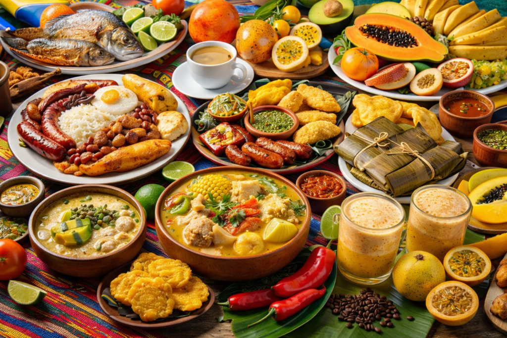 Plats traditionnels et fruits typiques de la gastronomie colombienne illustrant la richesse culinaire du pays