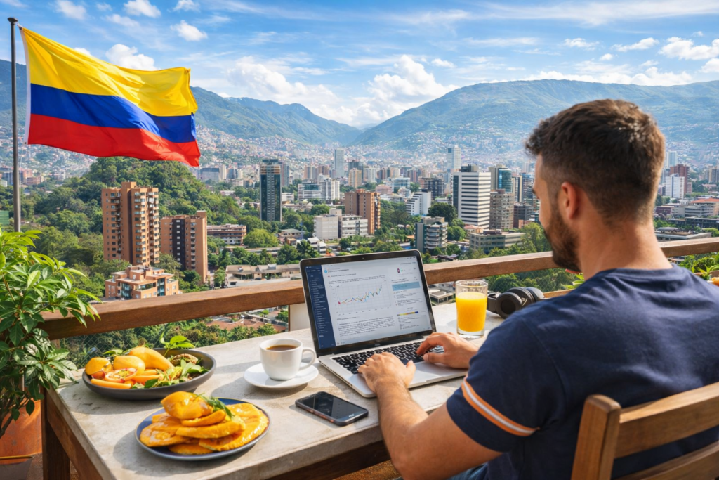 Nomade digital travaillant sur son ordinateur portable en Colombie avec vue sur la ville et le drapeau colombien