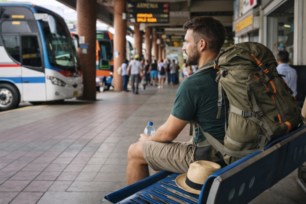 Voyageur solo avec sac à dos attendant son bus dans un terminal en Colombie