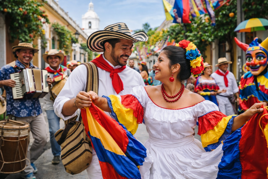 Danseurs en costumes traditionnels lors d’une fête culturelle en Colombie, musique et couleurs typiques