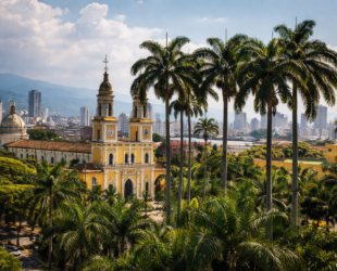 Vue urbaine de Bucaramanga en Colombie avec palmiers, bâtiments historiques et panorama sur la ville