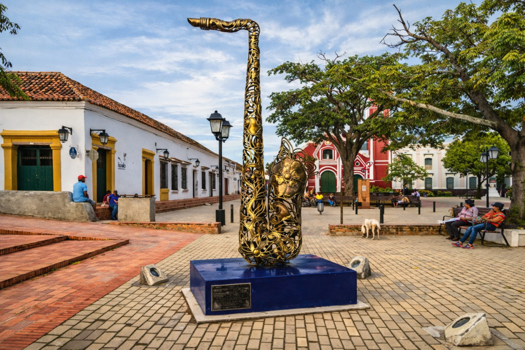 Illustration réaliste de la sculpture de saxophone à Mompox, sur une place coloniale avec maisons colorées et ambiance locale en Colombie qui représente le savoir faire des habitants de Mompox en matière de filigranes