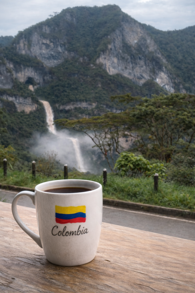 Tasse de café avec drapeau colombien au premier plan et cascade des Ventanas de Tisquizoque en arrière-plan à Florián, Santander