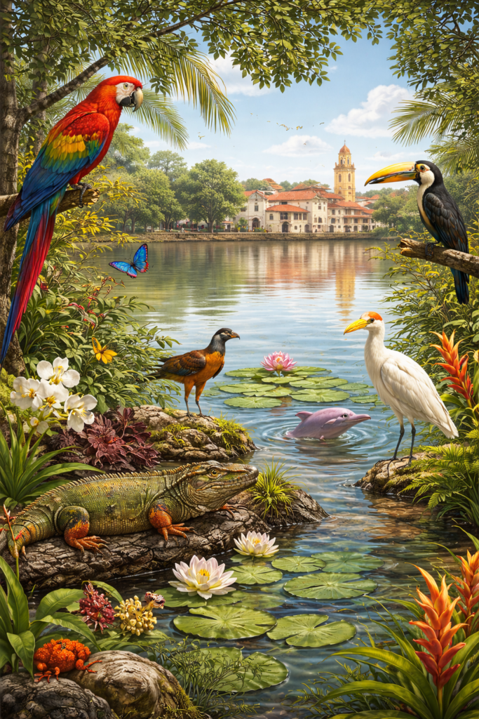 llustration réaliste de la faune et flore de Mompox en Colombie