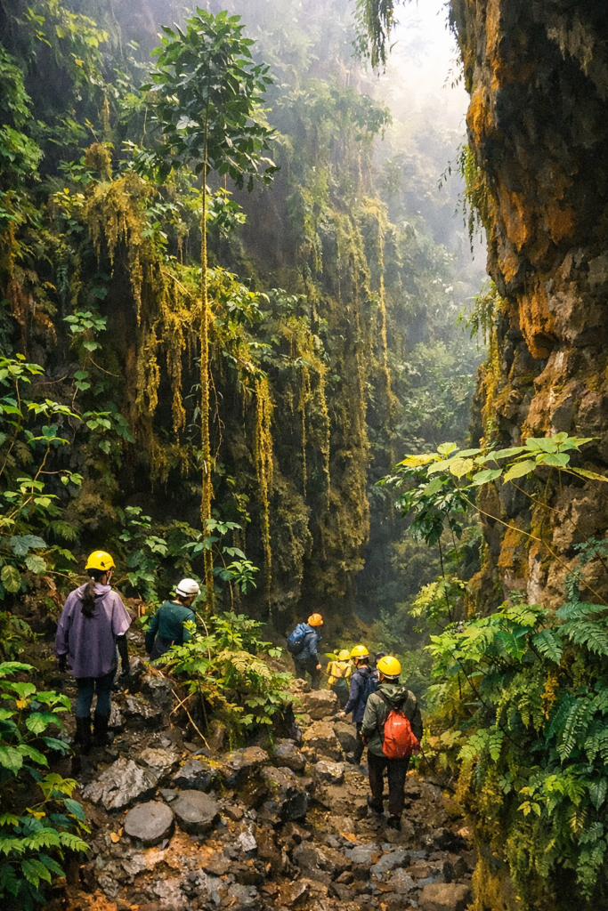 Illustration réaliste de randonneurs explorant un canyon rocheux et humide aux Bosques de Pandora en Colombie, forêt de nuages à Santander