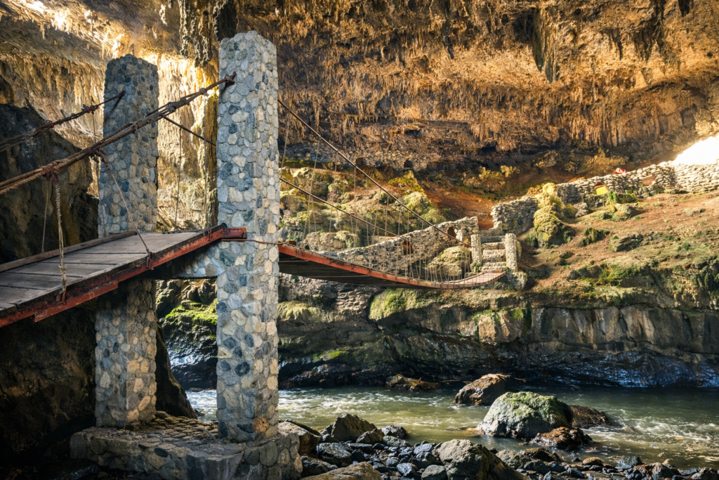 Passerelle suspendue à l’intérieur de la grotte des Ventanas de Tisquizoque à Florián, Santander