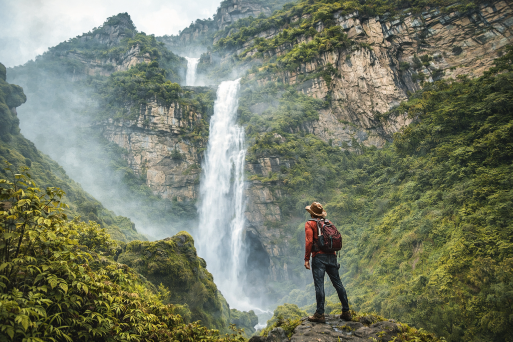 Randonneur face à la cascade des Ventanas de Tisquizoque à Florián dans le département de Santander en Colombie