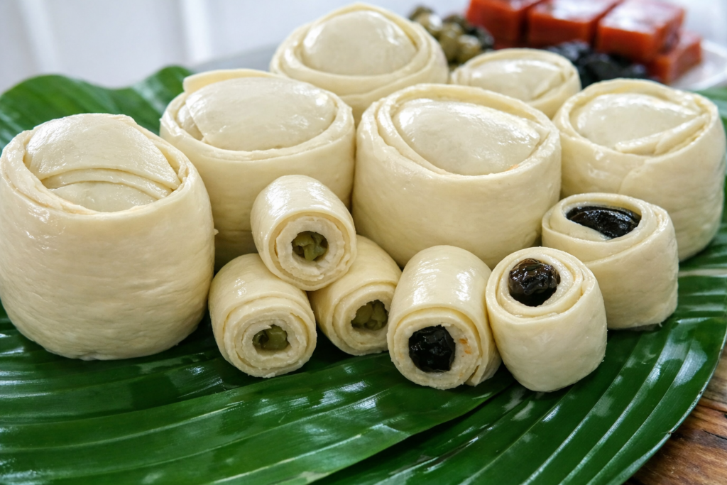 llustration réaliste du queso de capas de Mompox, fromage traditionnel colombien enroulé en fines couches et présenté sur une feuille de bananier