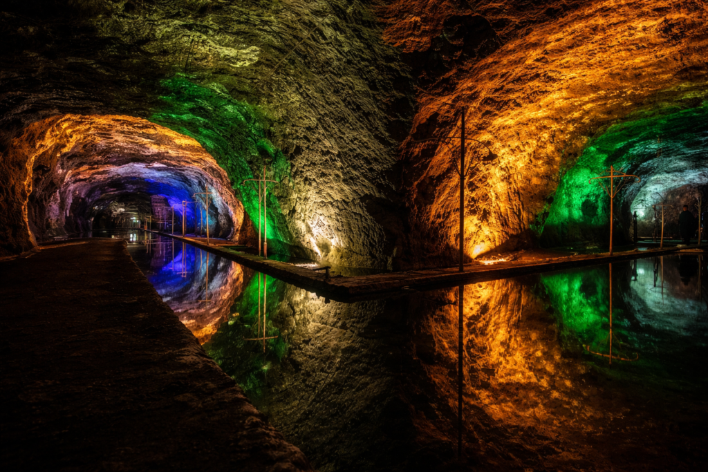 Miroir de saumure dans la mine de sel de Nemocón avec jeux de lumière en Colombie