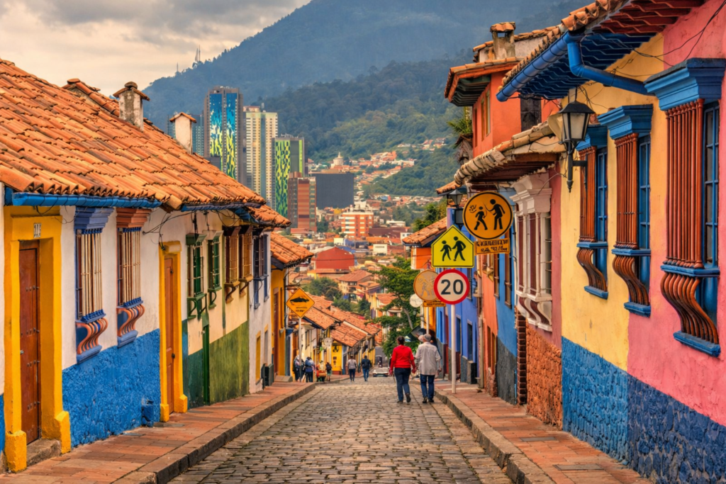 illustration réaliste du quartier de La Candelaria à Bogotá avec ses maisons coloniales colorées et ses rues pavées
