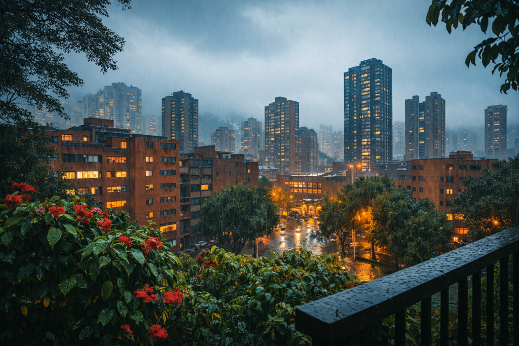 vue de Bogotá sous la pluie avec les immeubles de la capitale colombienne et les montagnes des Andes