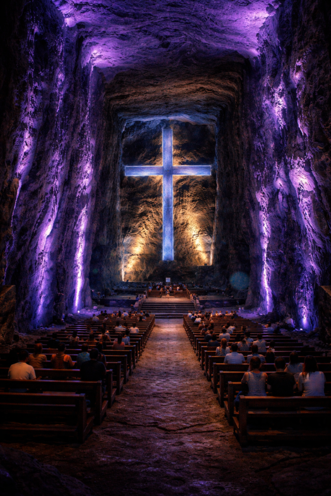 cathédrale de sel de Zipaquirá interieur croix lumineuse colombie