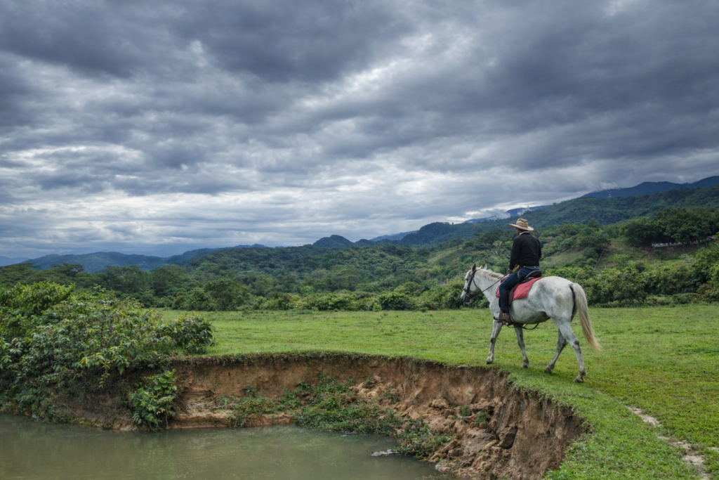 balade à cheval dans les llanos près de villavicencio avec paysages naturels et montagnes en colombie