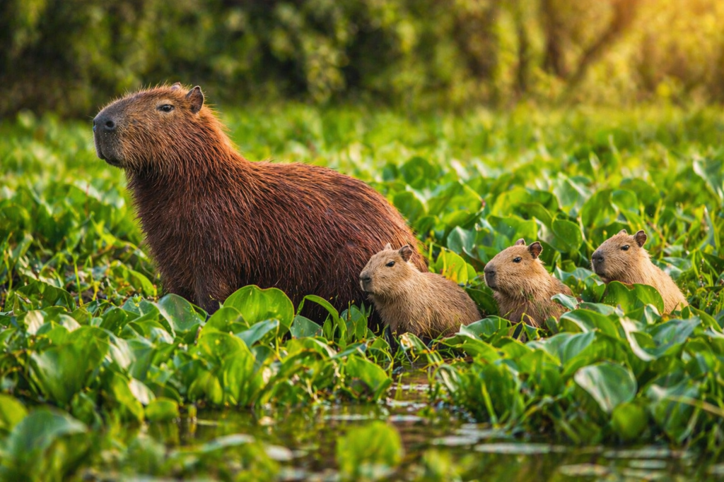 famille de capybaras dans la végétation humide près de san jose del guaviare en colombie