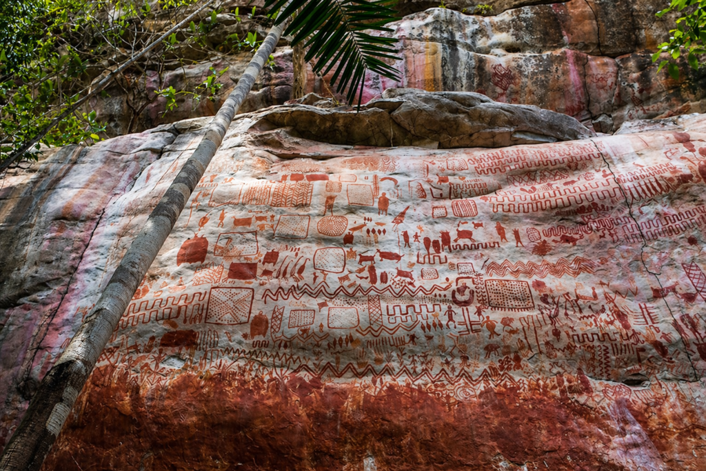 peintures rupestres dans la serrania de la lindosa avec fresques anciennes près de san jose del guaviare en colombie