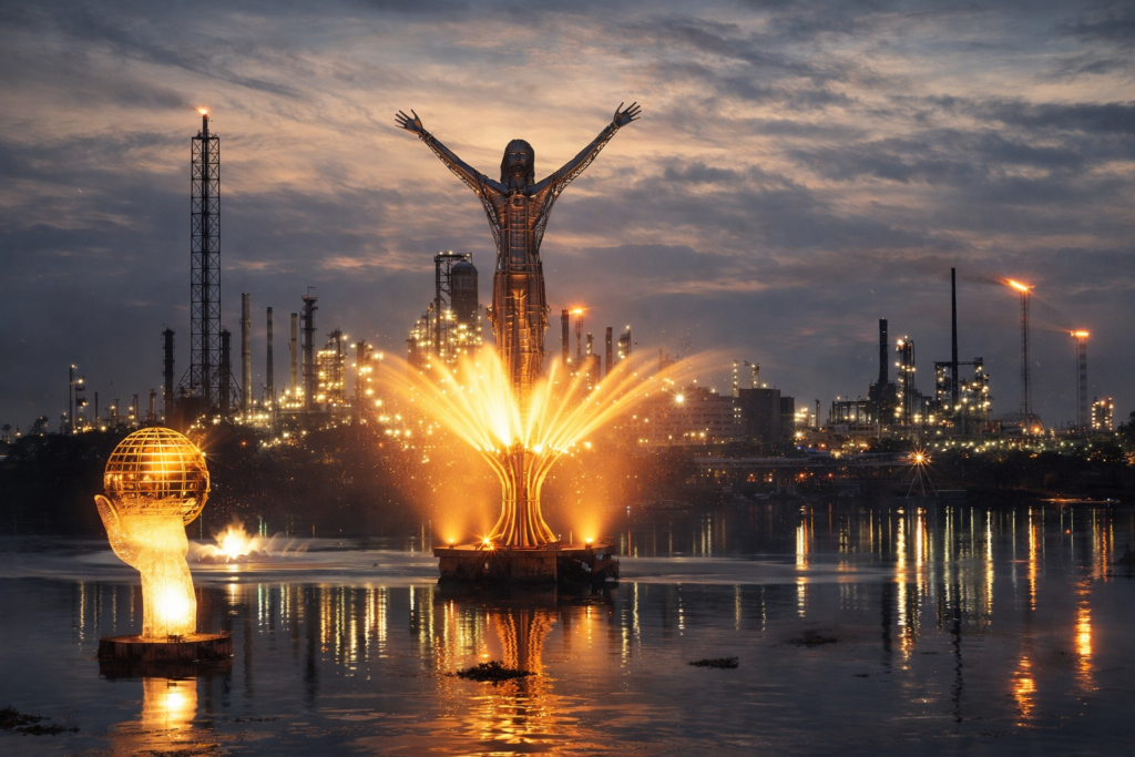 Barrancabermeja Colombie statue Cristo Petrolero raffinerie Ecopetrol nuit