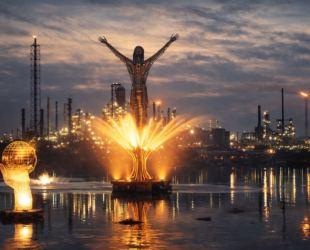 Barrancabermeja Colombie statue Cristo Petrolero raffinerie Ecopetrol nuit