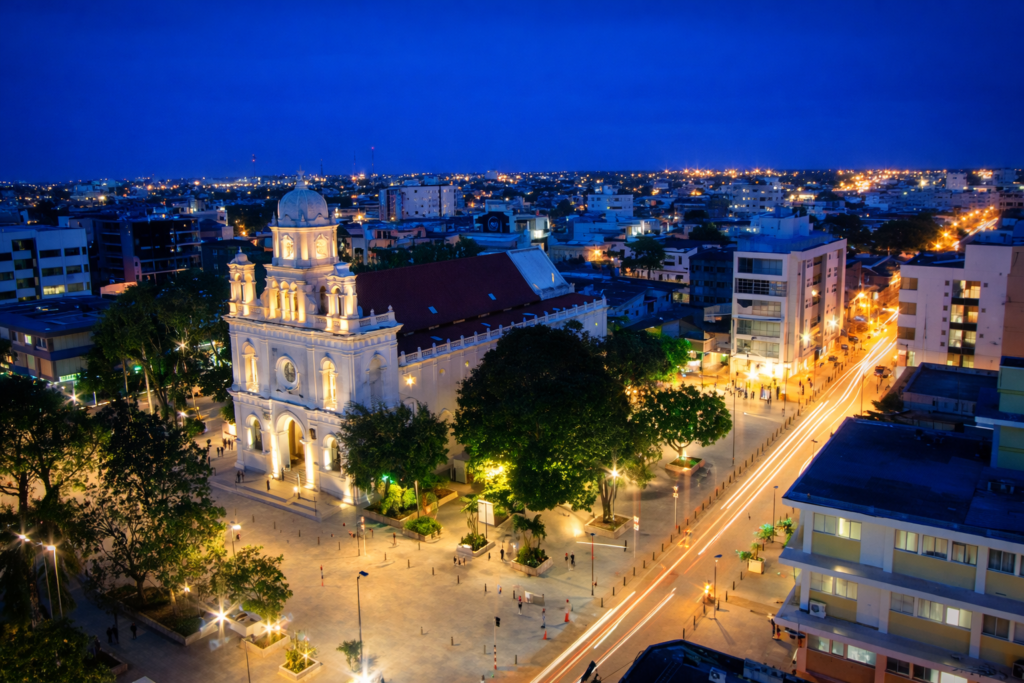 Monteria Colombie vue aerienne nuit centre ville eglise
