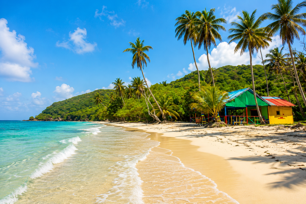 Plage tropicale avec palmiers et maison colorée à Providencia en Colombie
