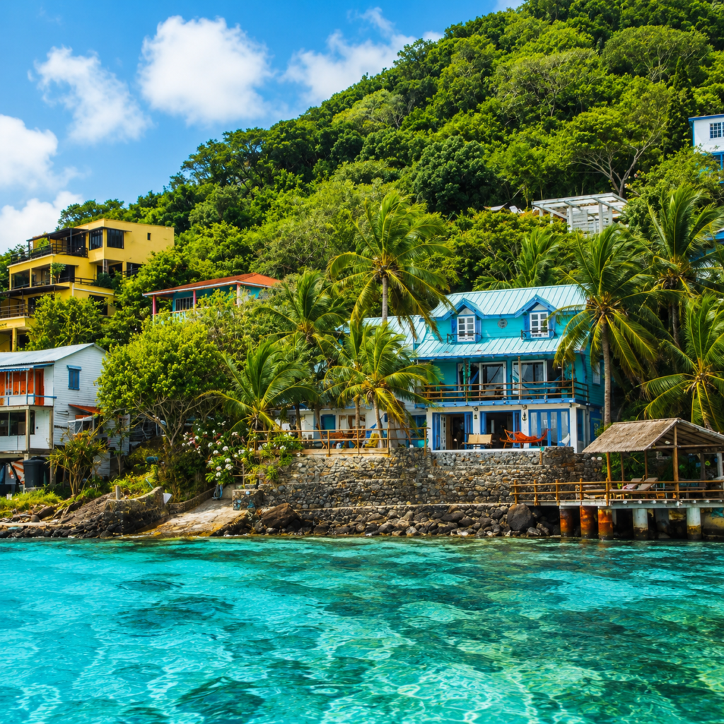 Maisons tropicales au bord de l’eau sur l’île de Providencia en Colombie