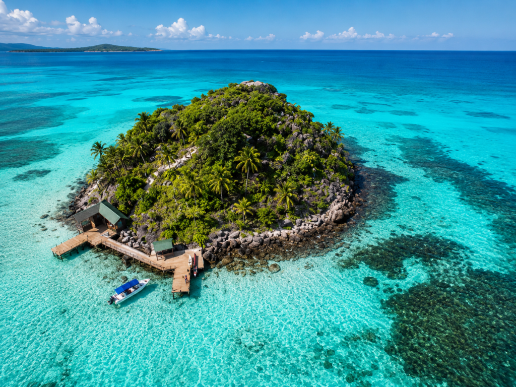 Vue drone de Cayo Cangrejo à Providencia avec eaux turquoise dans les Caraïbes colombiennes